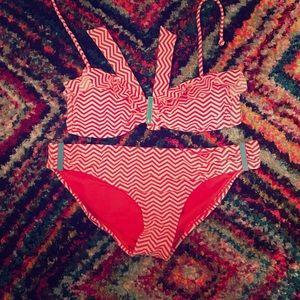 Coral and white chevron bikini with turquoise